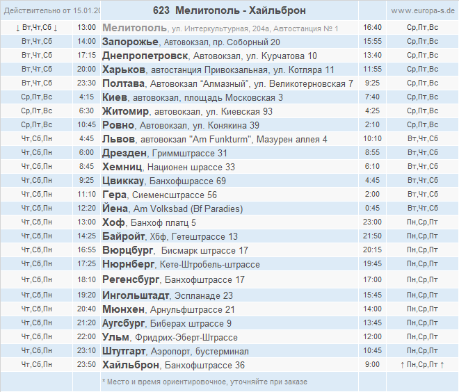 Расписание автобусов Мелитополь-Карлсруэ